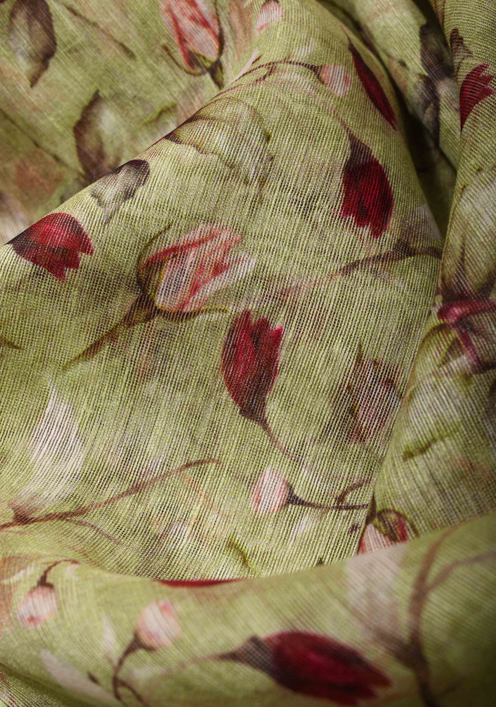 Pale Green Silk Linen Saree with Rose Floral Digital print, woven Zari Borders and long tassels