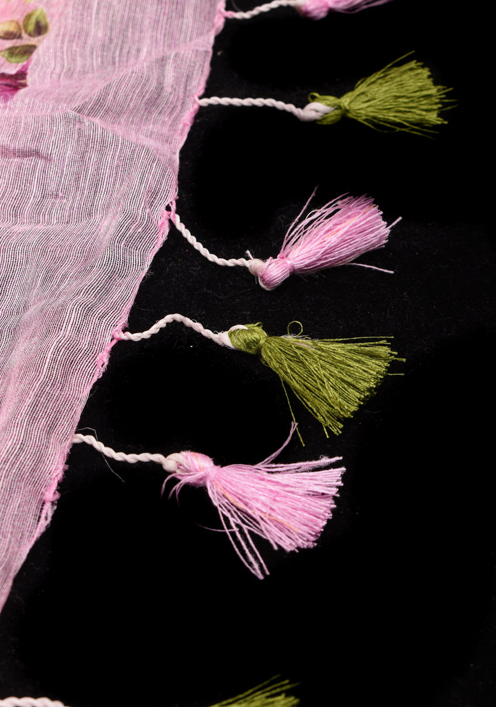 Peony Blooms : Silk Linen Saree in Dusty Pink with Long tassels and Zari Borders