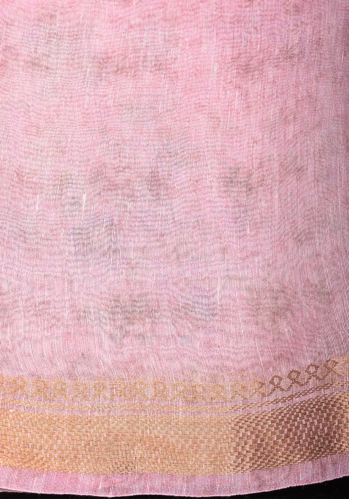 Peony Blooms : Silk Linen Saree in Dusty Pink with Long tassels and Zari Borders