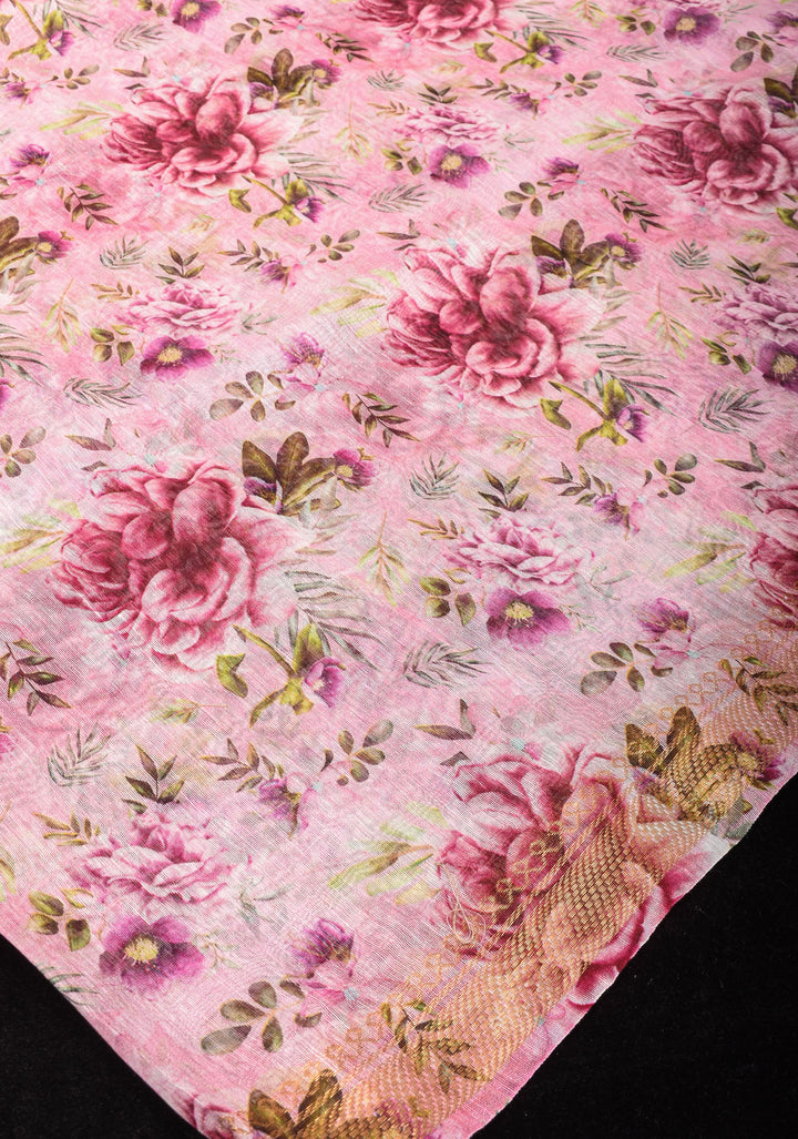 Peony Blooms : Silk Linen Saree in Dusty Pink with Long tassels and Zari Borders