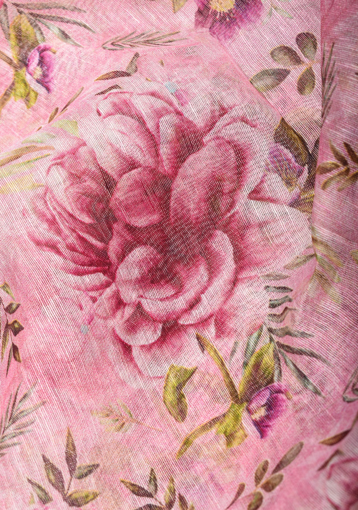 Peony Blooms : Silk Linen Saree in Dusty Pink with Long tassels and Zari Borders