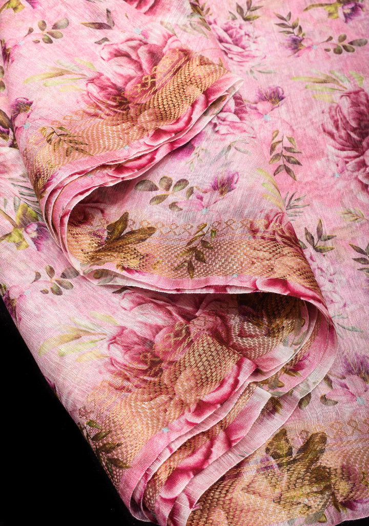 Peony Blooms : Silk Linen Saree in Dusty Pink with Long tassels and Zari Borders