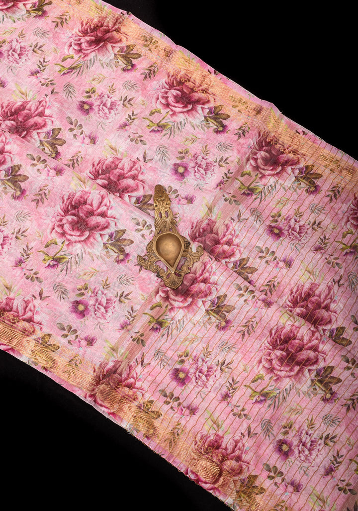 Peony Blooms : Silk Linen Saree in Dusty Pink with Long tassels and Zari Borders