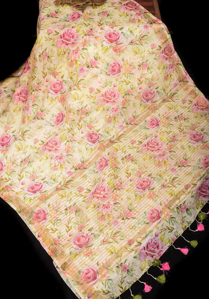 Rose Romance: Silk Linen Saree in Off White with Pink Rose blooms, woven  Zari Borders and Long Tassels
