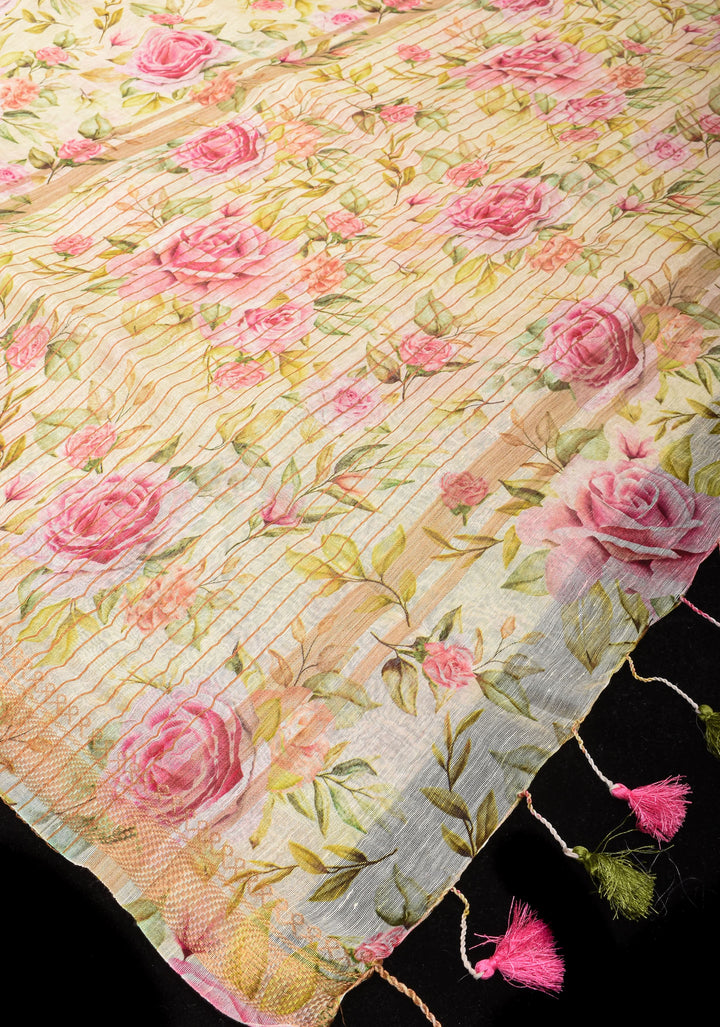 Rose Romance: Silk Linen Saree in Off White with Pink Rose blooms, woven  Zari Borders and Long Tassels