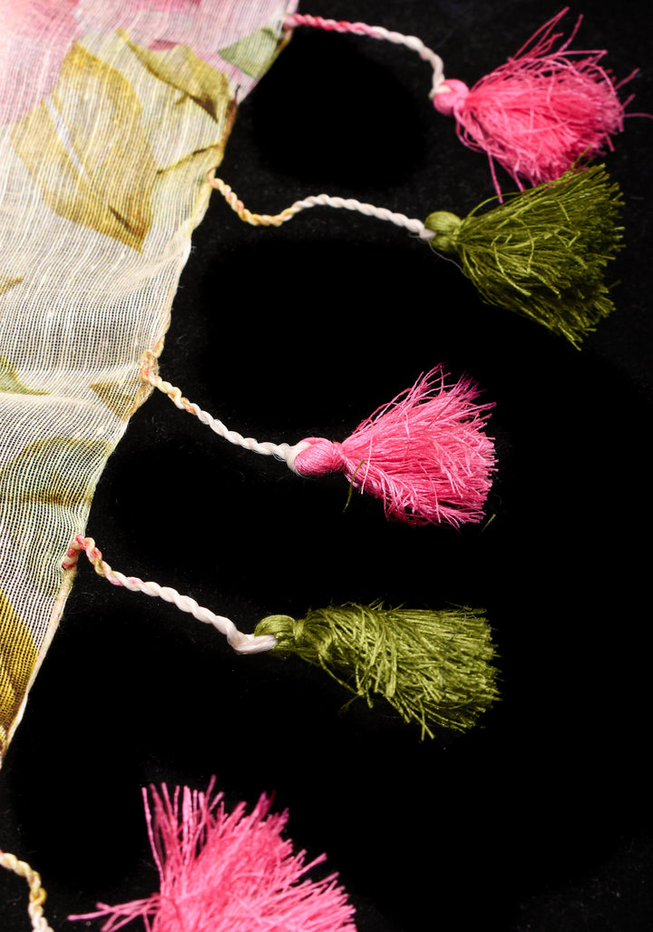 Rose Romance: Silk Linen Saree in Off White with Pink Rose blooms, woven  Zari Borders and Long Tassels