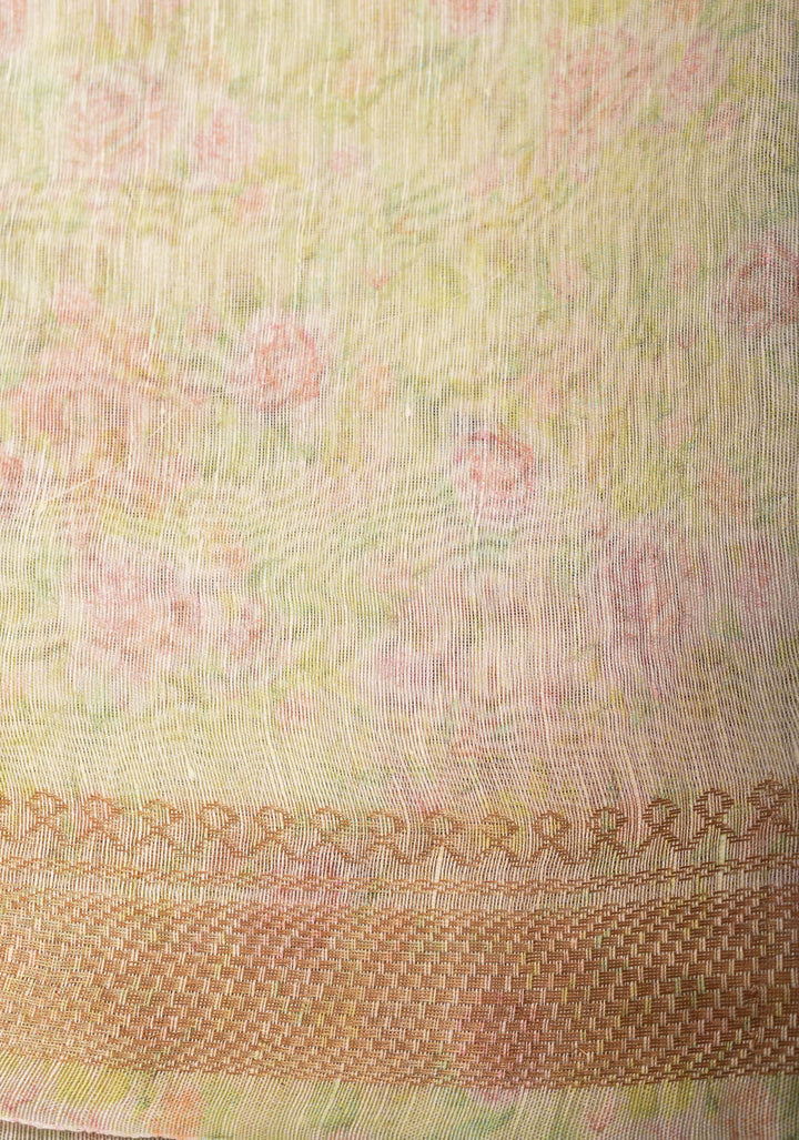 Rose Romance: Silk Linen Saree in Off White with Pink Rose blooms, woven  Zari Borders and Long Tassels