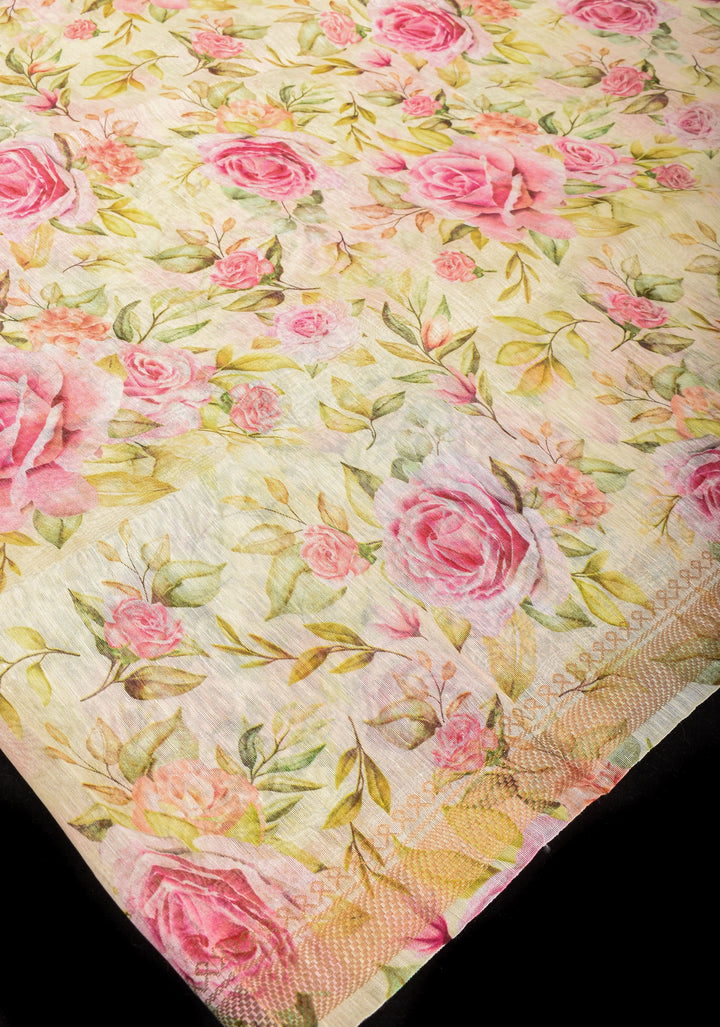 Rose Romance: Silk Linen Saree in Off White with Pink Rose blooms, woven  Zari Borders and Long Tassels