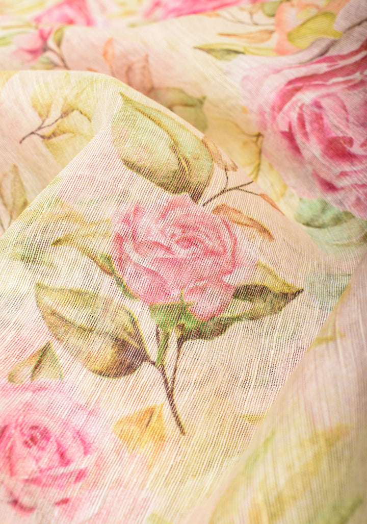 Rose Romance: Silk Linen Saree in Off White with Pink Rose blooms, woven  Zari Borders and Long Tassels