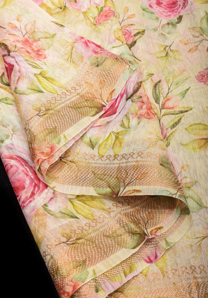 Rose Romance: Silk Linen Saree in Off White with Pink Rose blooms, woven  Zari Borders and Long Tassels