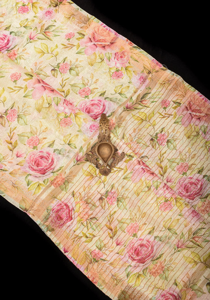 Rose Romance: Silk Linen Saree in Off White with Pink Rose blooms, woven  Zari Borders and Long Tassels
