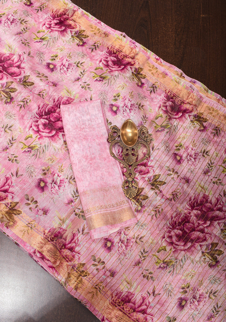 Silk Linen Saree in Baby Pink with floral digital print and zari border