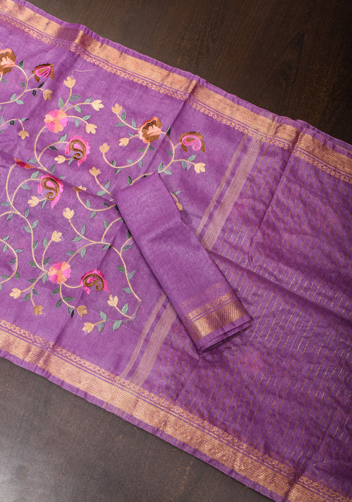 Floral Jaal embroidery on Silk Linen In Purple with woven zari borders
