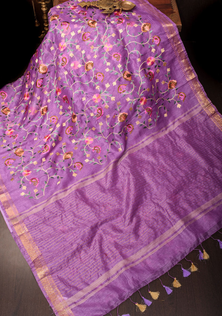 Floral Jaal embroidery on Silk Linen In Purple with woven zari borders