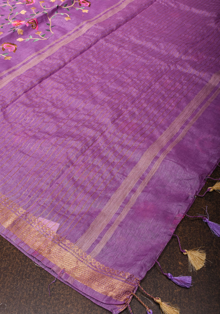 Floral Jaal embroidery on Silk Linen In Purple with woven zari borders