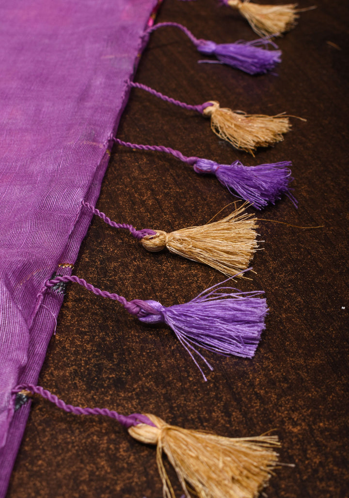 Floral Jaal embroidery on Silk Linen In Purple with woven zari borders