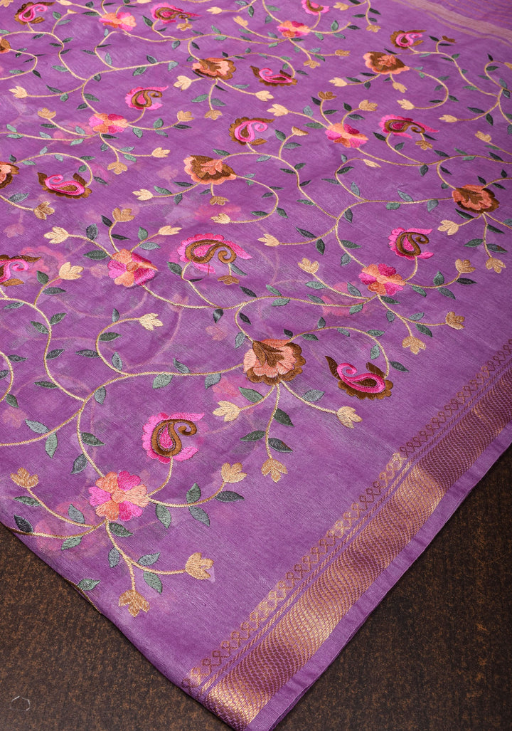 Floral Jaal embroidery on Silk Linen In Purple with woven zari borders
