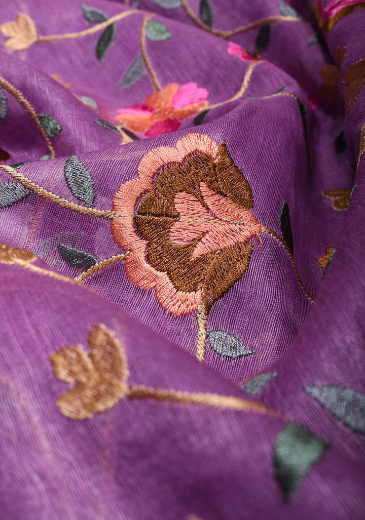 Floral Jaal embroidery on Silk Linen In Purple with woven zari borders