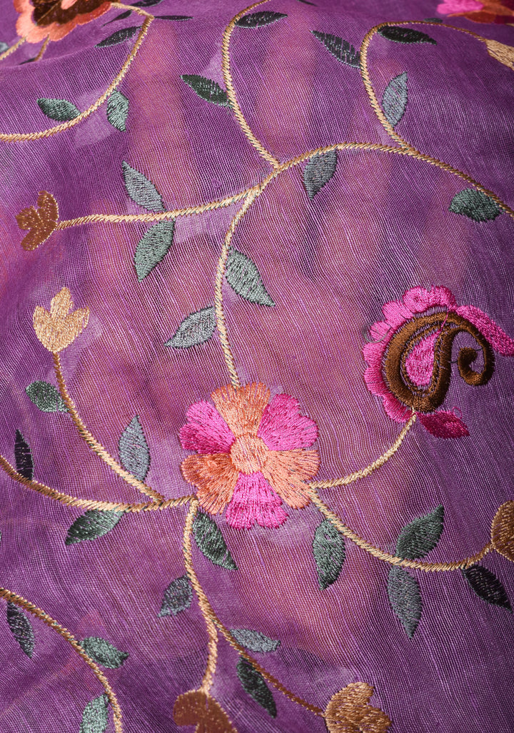 Floral Jaal embroidery on Silk Linen In Purple with woven zari borders