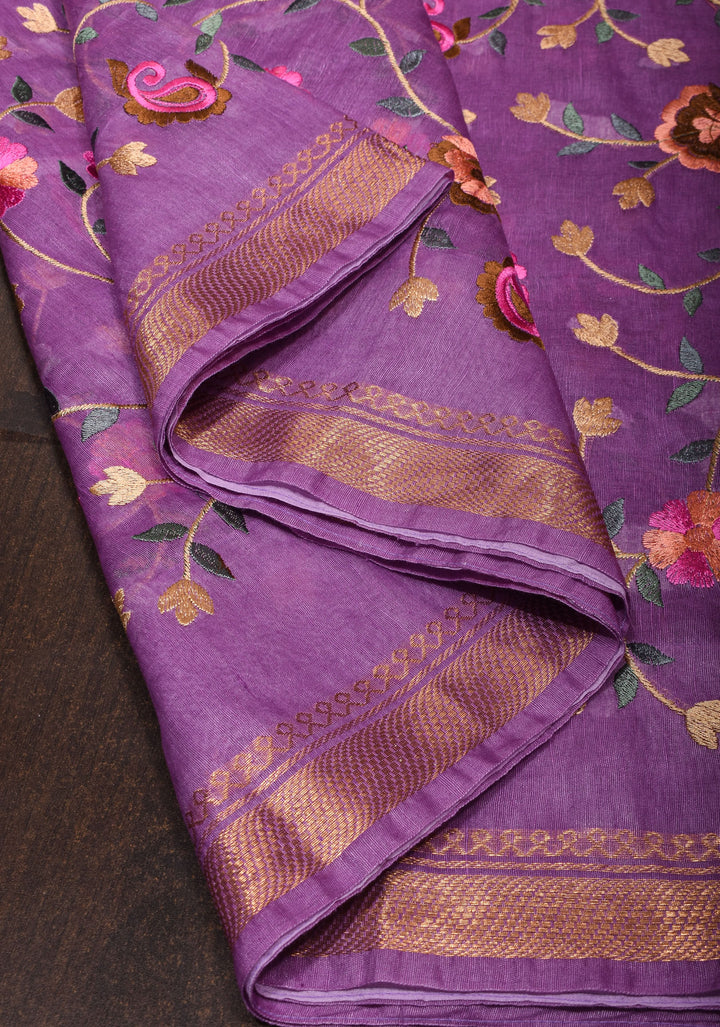 Floral Jaal embroidery on Silk Linen In Purple with woven zari borders