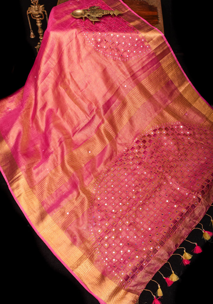 Cutwork and Mirror Work Tissue Linen Saree in Pink with pretty tassels