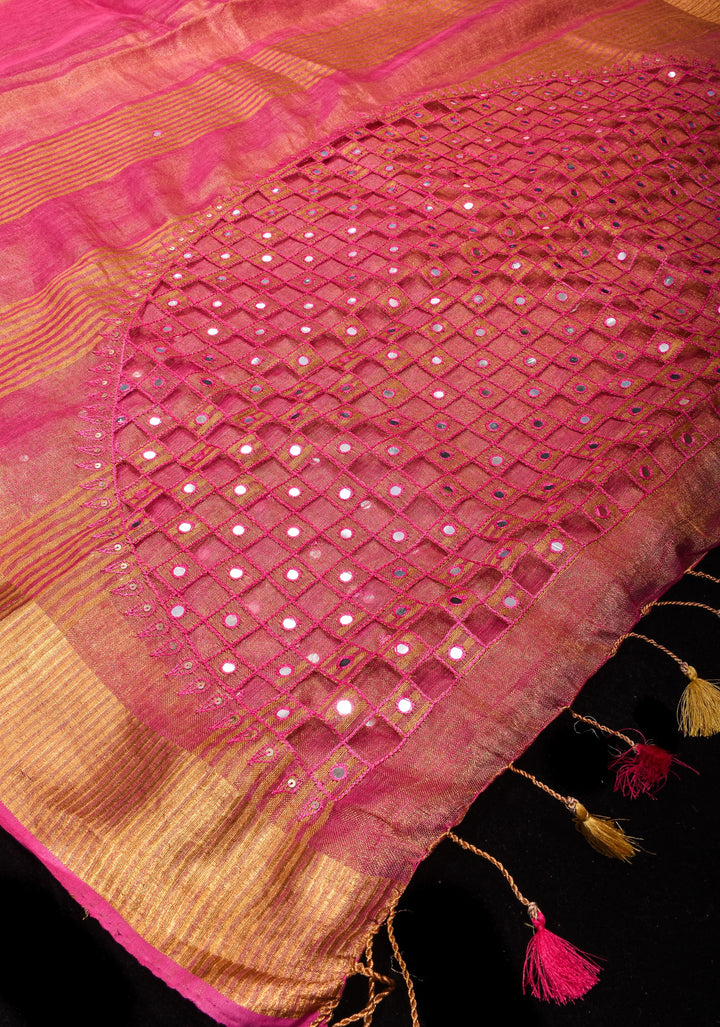 Cutwork and Mirror Work Tissue Linen Saree in Pink with pretty tassels
