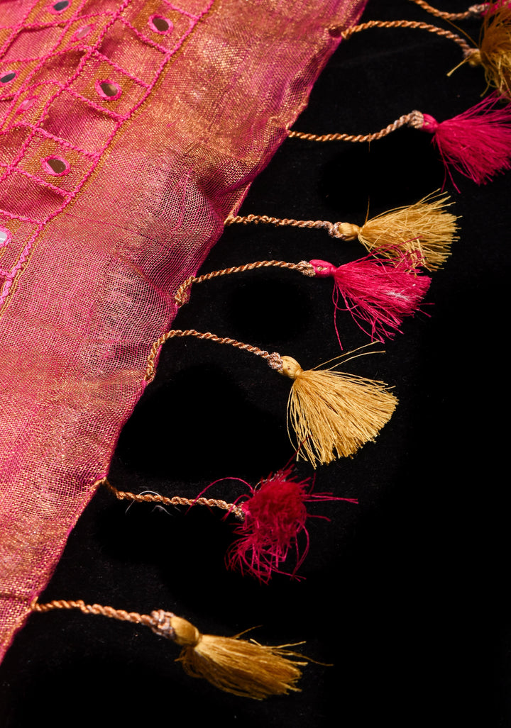Cutwork and Mirror Work Tissue Linen Saree in Pink with pretty tassels
