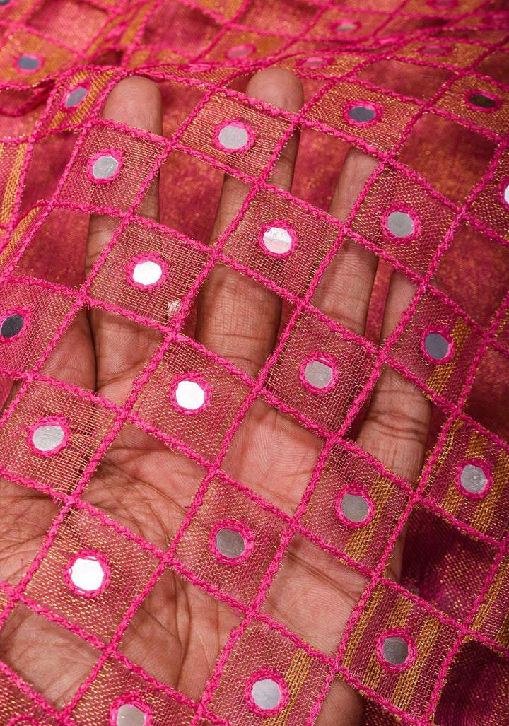 Cutwork and Mirror Work Tissue Linen Saree in Pink with pretty tassels