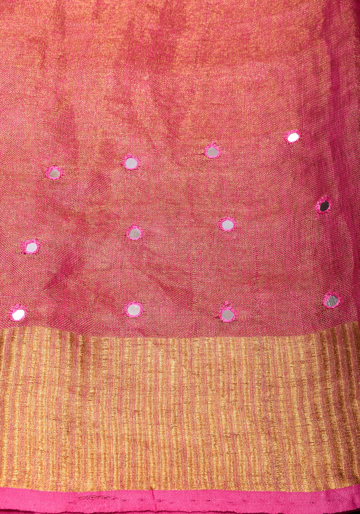 Cutwork and Mirror Work Tissue Linen Saree in Pink with pretty tassels