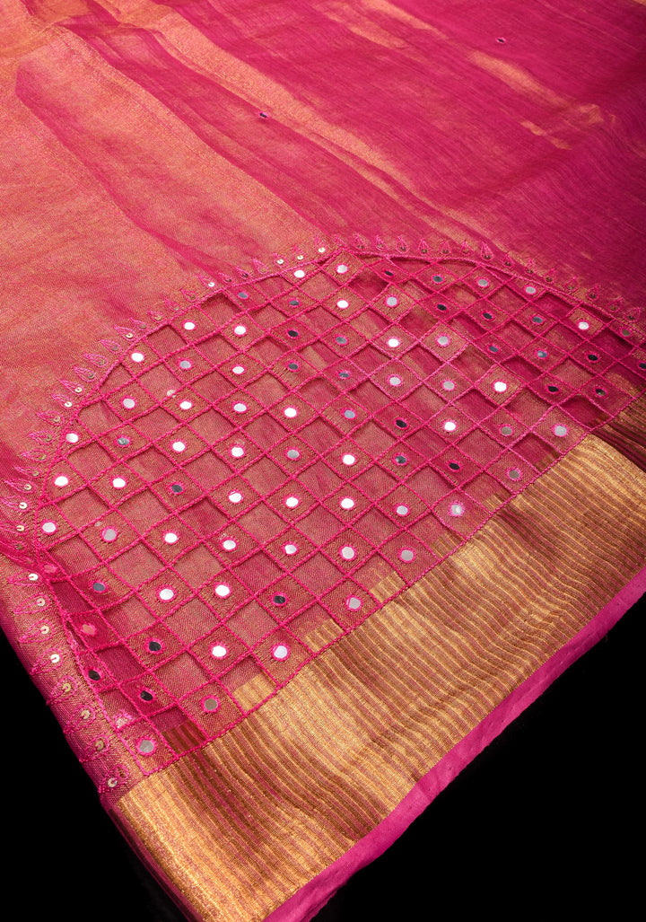 Cutwork and Mirror Work Tissue Linen Saree in Pink with pretty tassels