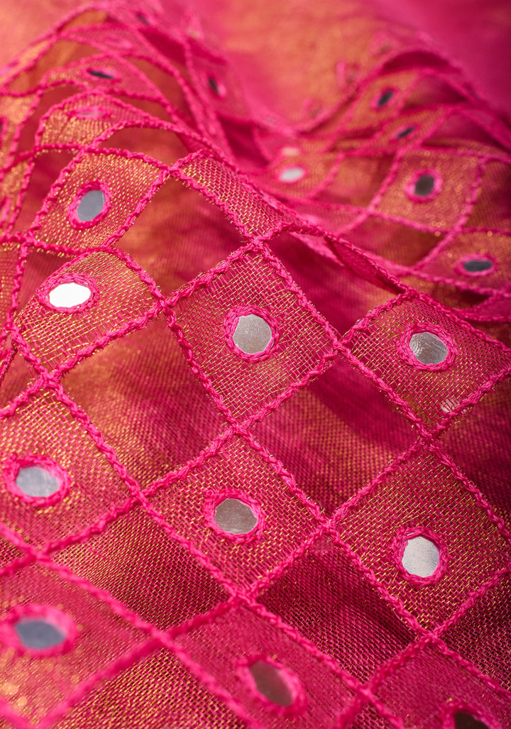 Cutwork and Mirror Work Tissue Linen Saree in Pink with pretty tassels