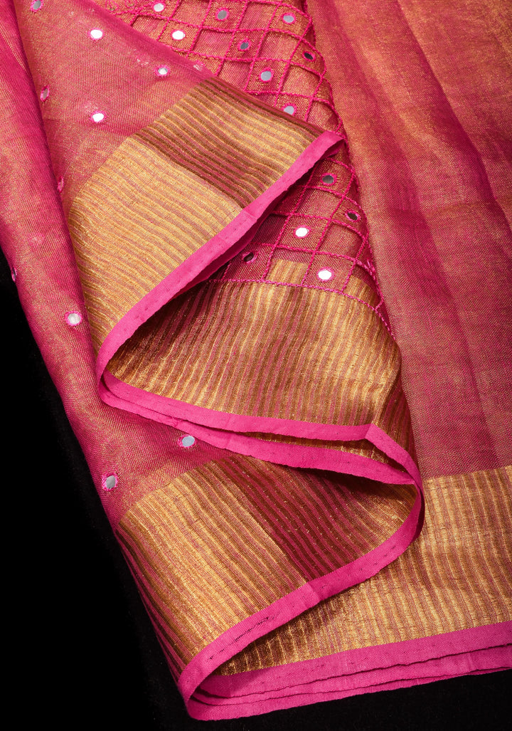Cutwork and Mirror Work Tissue Linen Saree in Pink with pretty tassels