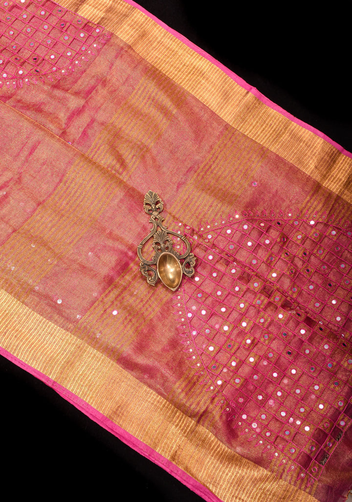 Cutwork and Mirror Work Tissue Linen Saree in Pink with pretty tassels