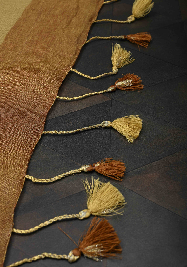 Rusty Brown Tissue Linen Saree with Contrast Zari Border