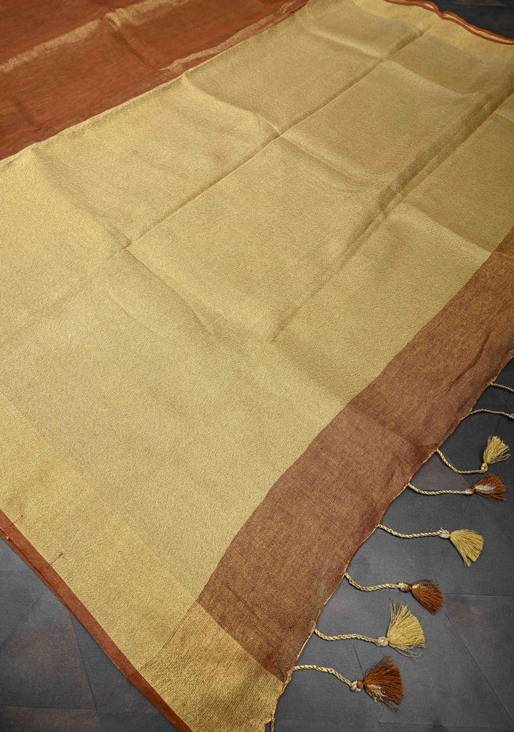 Rusty Brown Tissue Linen Saree with Contrast Zari Border