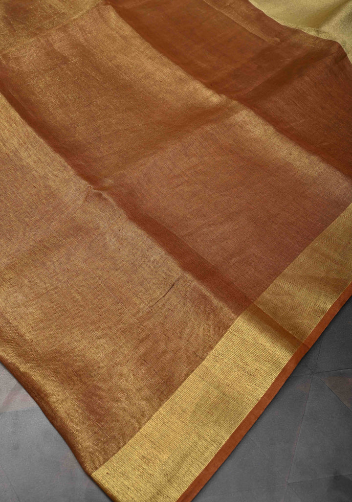 Rusty Brown Tissue Linen Saree with Contrast Zari Border