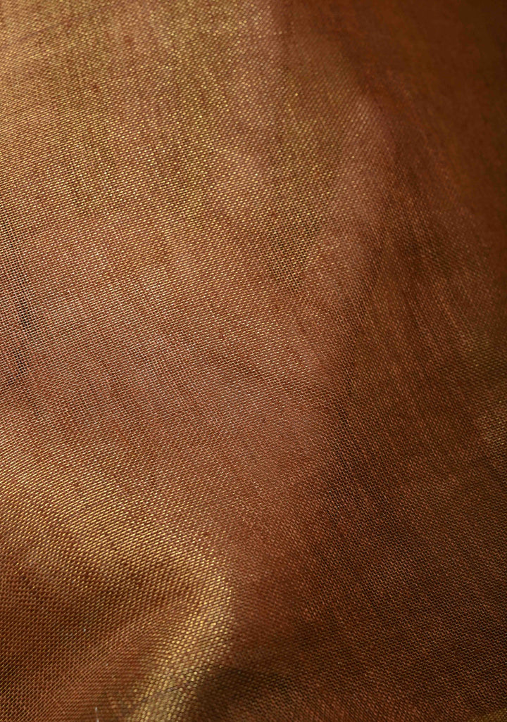 Rusty Brown Tissue Linen Saree with Contrast Zari Border