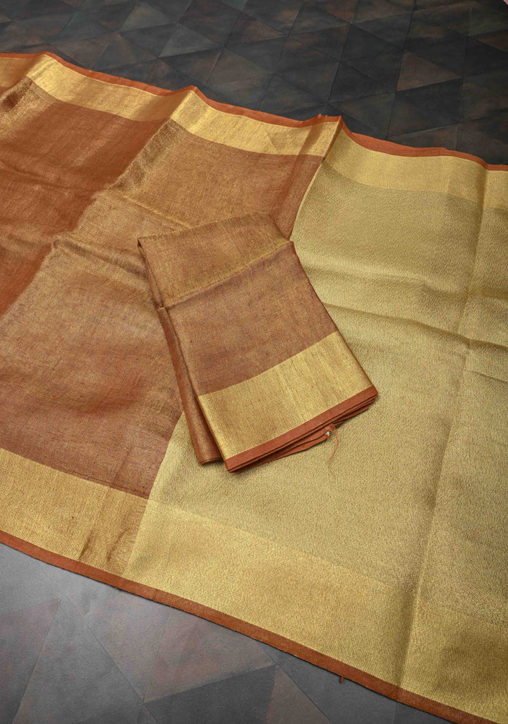 Rusty Brown Tissue Linen Saree with Contrast Zari Border