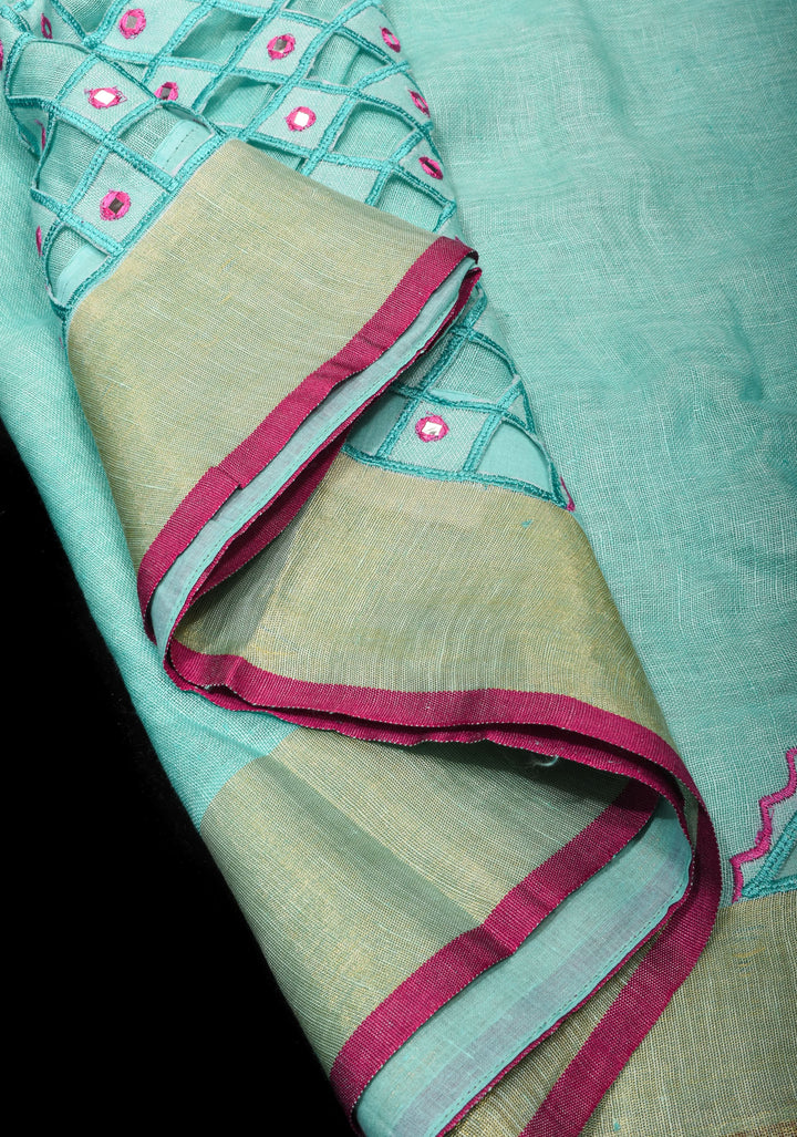 PREORDER Jaali Pallu - Linen by Linen Cutwork with Pink embroidery Mirror work Saree in Aqua