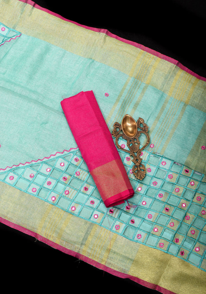 PREORDER Jaali Pallu - Linen by Linen Cutwork with Pink embroidery Mirror work Saree in Aqua