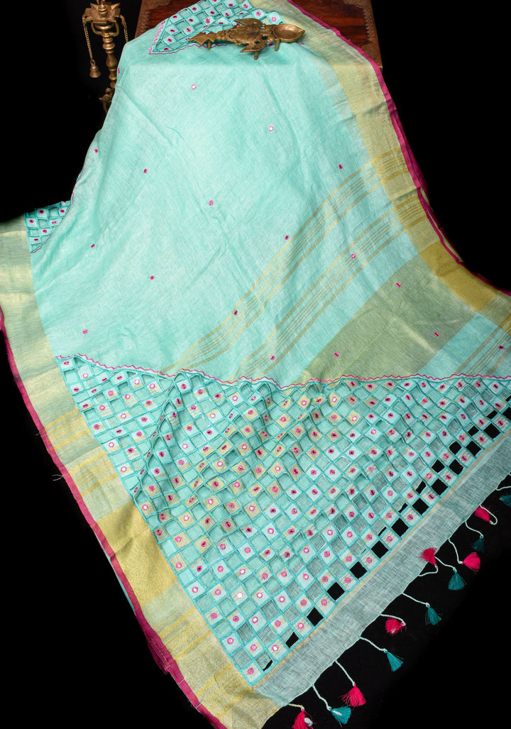 PREORDER Jaali Pallu - Linen by Linen Cutwork with Pink embroidery Mirror work Saree in Aqua