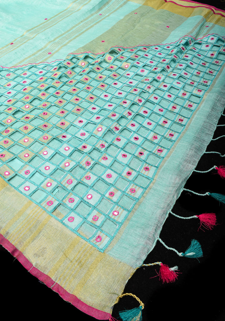 PREORDER Jaali Pallu - Linen by Linen Cutwork with Pink embroidery Mirror work Saree in Aqua