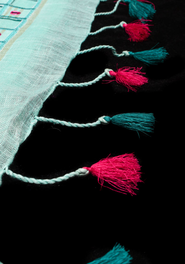 PREORDER Jaali Pallu - Linen by Linen Cutwork with Pink embroidery Mirror work Saree in Aqua