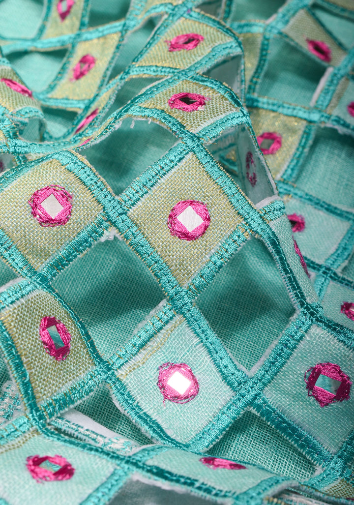 PREORDER Jaali Pallu - Linen by Linen Cutwork with Pink embroidery Mirror work Saree in Aqua