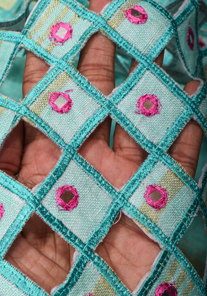 PREORDER Jaali Pallu - Linen by Linen Cutwork with Pink embroidery Mirror work Saree in Aqua