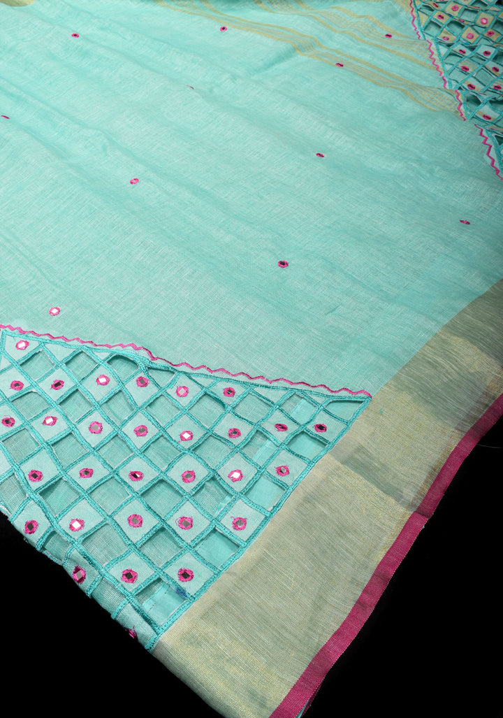 PREORDER Jaali Pallu - Linen by Linen Cutwork with Pink embroidery Mirror work Saree in Aqua