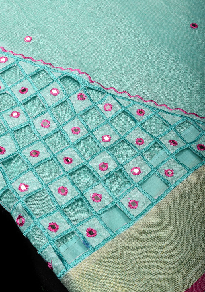 PREORDER Jaali Pallu - Linen by Linen Cutwork with Pink embroidery Mirror work Saree in Aqua
