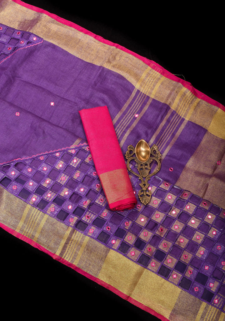Jaali Pallu - Linen by Linen Cutwork with Pink embroidery and Mirror work Saree in Purple