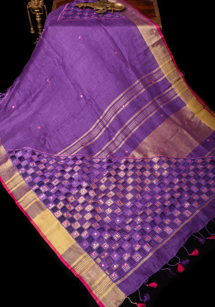 Jaali Pallu - Linen by Linen Cutwork with Pink embroidery and Mirror work Saree in Purple