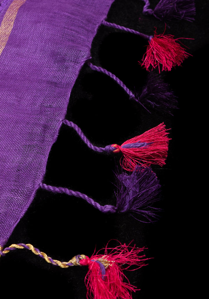 Jaali Pallu - Linen by Linen Cutwork with Pink embroidery and Mirror work Saree in Purple